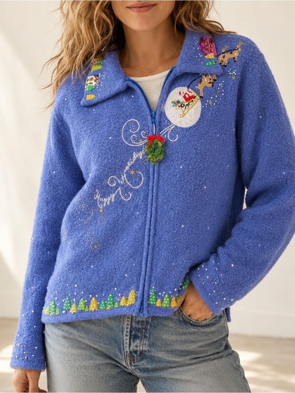 Vintage Berek Blue Wool Christmas Santa Reindeer Embroidered Sweater Large